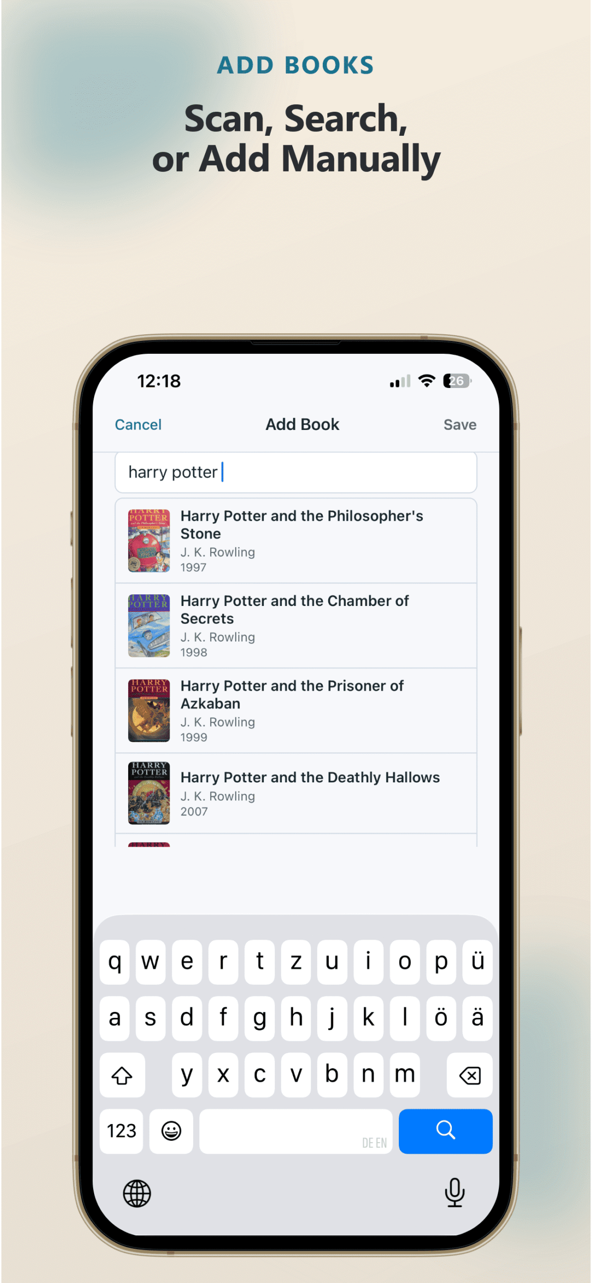 PagePath add book screen - add any book regardless of format with status tracking and genre tags