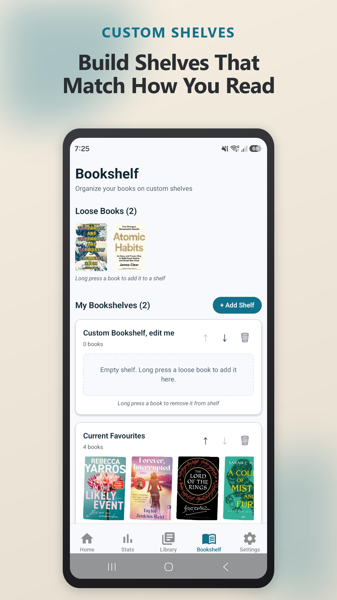 PagePath custom bookshelf on Android showing book covers organized into personal shelves