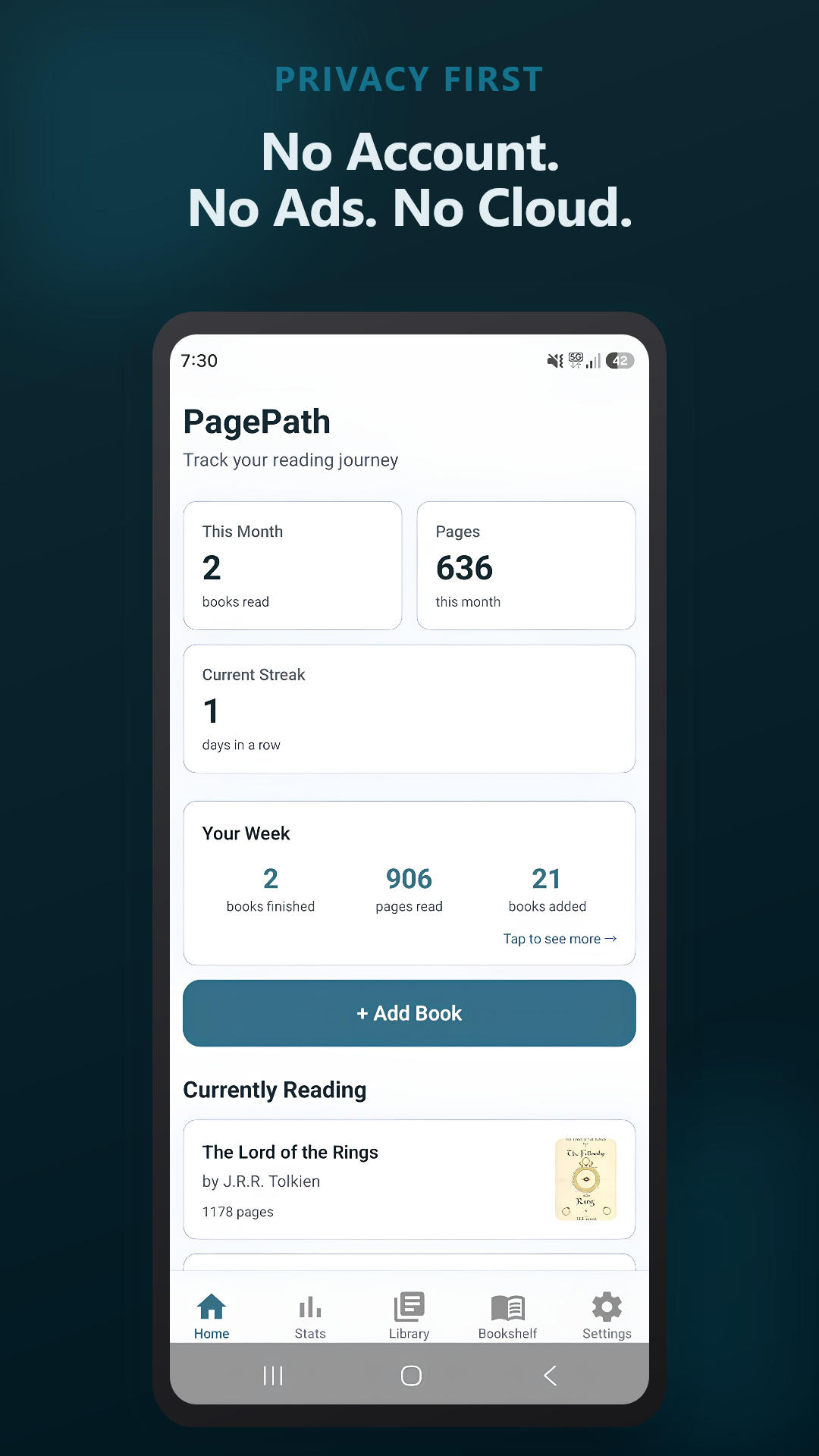 PagePath reading tracker on Android showing home dashboard with monthly reading stats and current streak