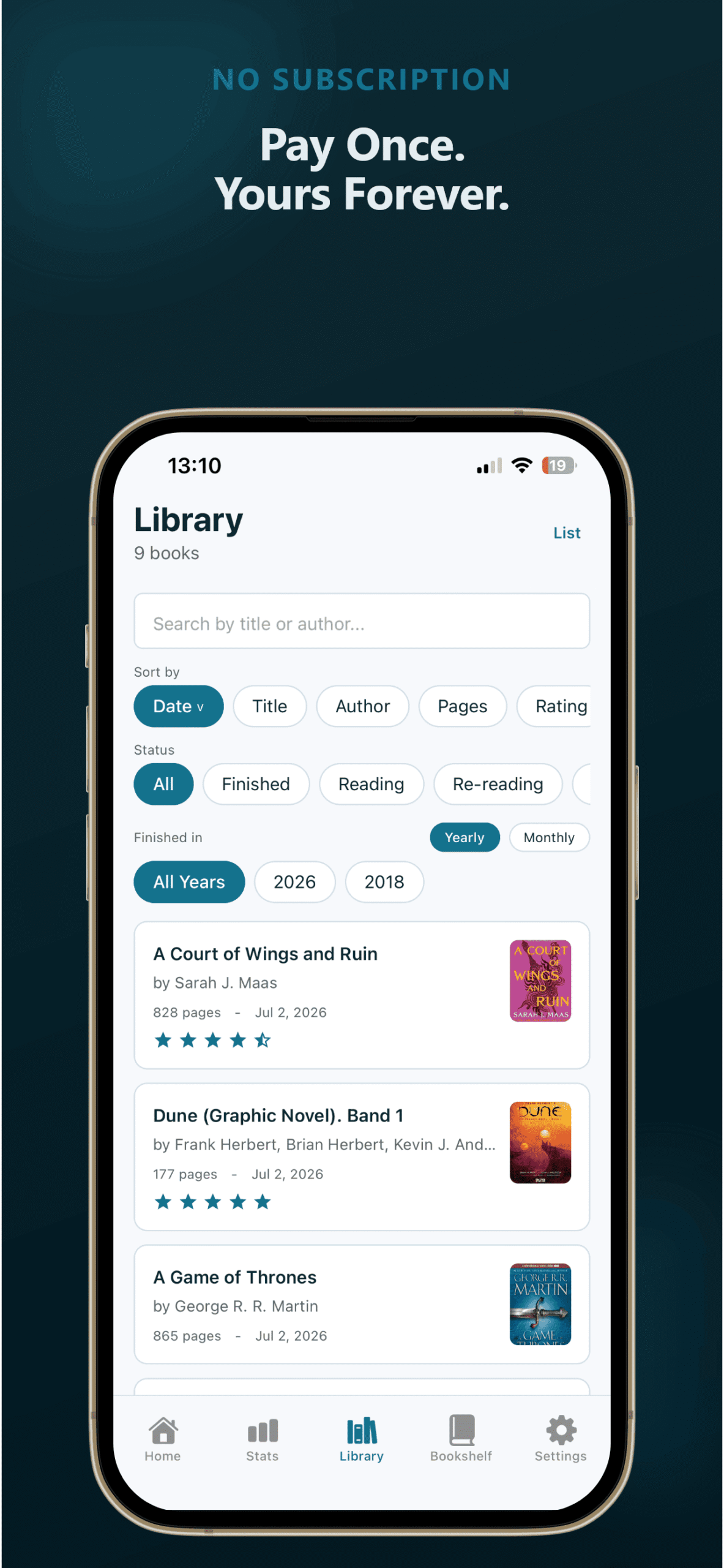 PagePath book library with filter, sort, and star ratings for tracking your reading list