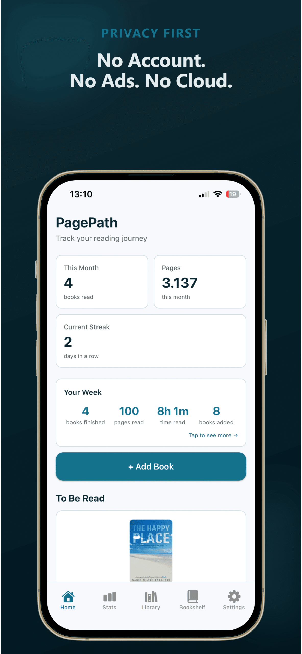 PagePath reading tracker showing weekly stats, reading streak, and currently reading