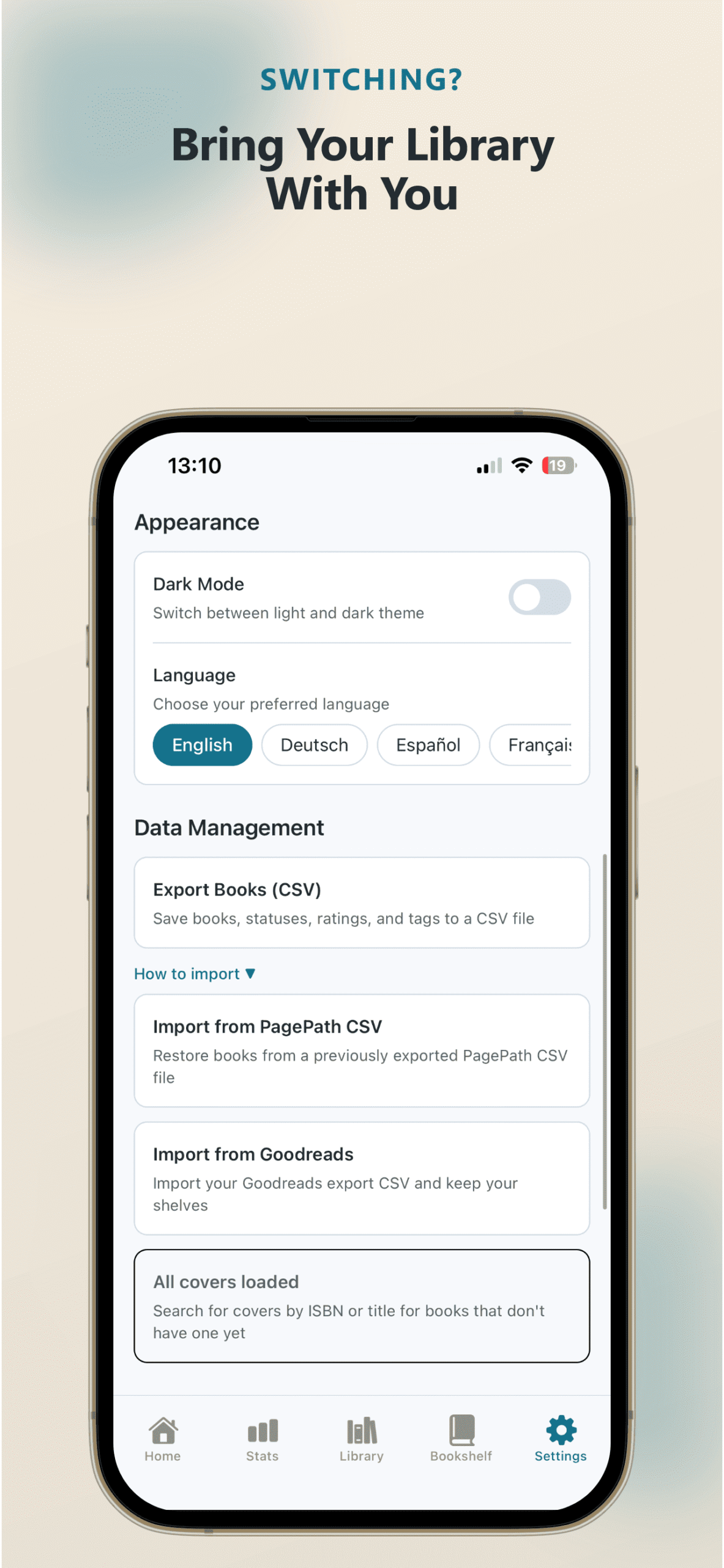 PagePath settings showing Import from Goodreads and Export Books options
