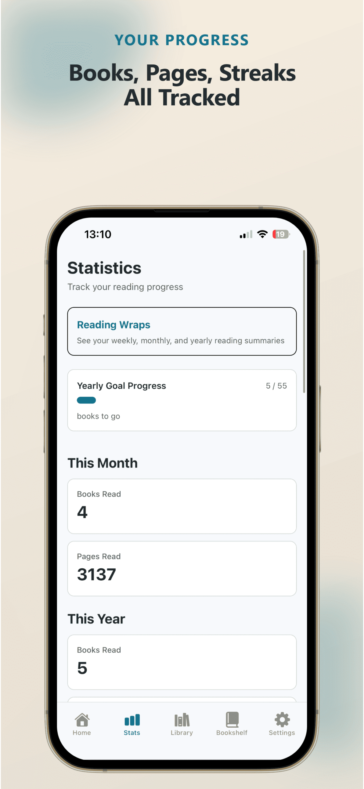 PagePath goal progress showing 7 of 52 books read with monthly and yearly stats